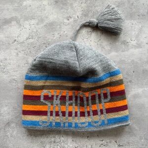 Skhoop Tassel Beanie Knit Hat Women’s OEKO TEX Logo Stripe One Size Grey